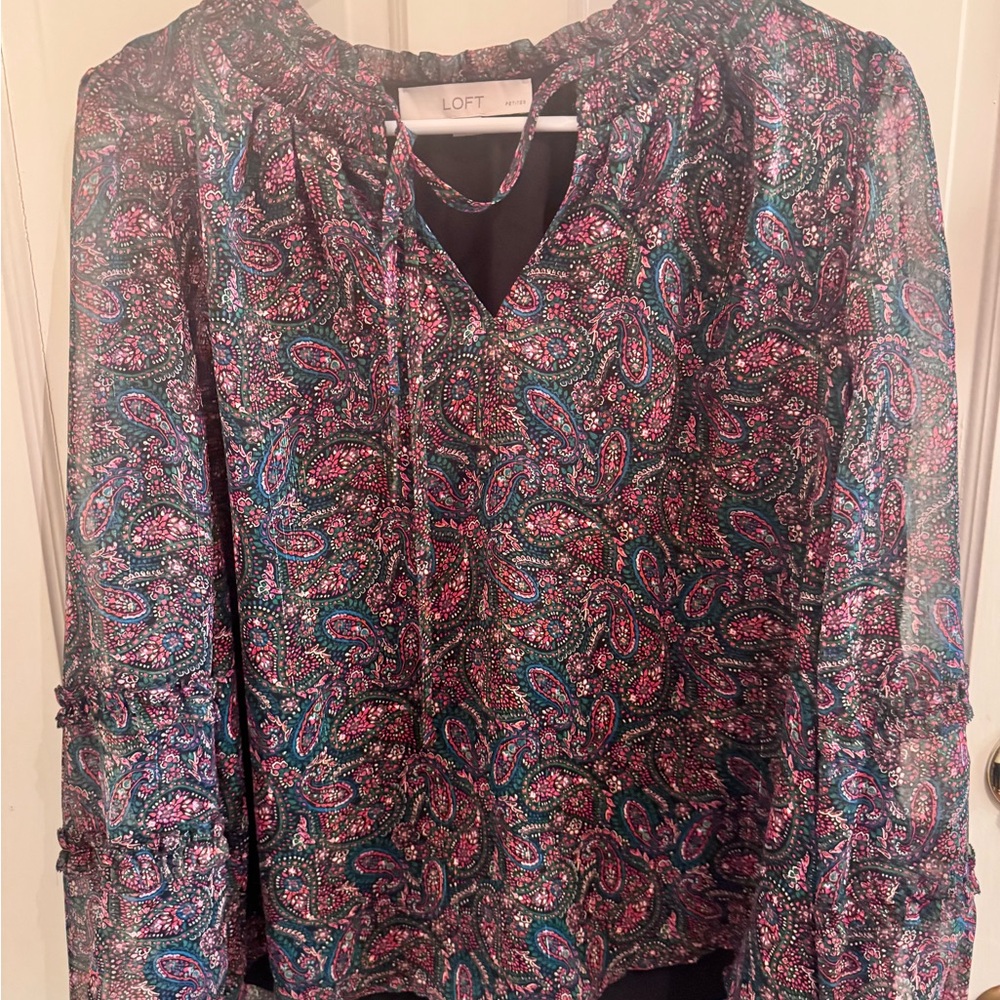 LOFT Women's Shimmer Paisley Ruffle Tie Neck Blouse